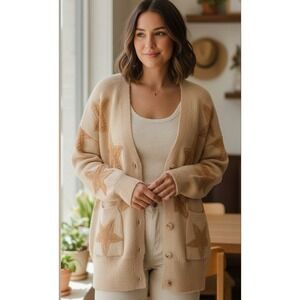 Talulah Star Beige‎ Tan Cardigan Sweater Oversized Large Cozy Cabincore Bohemian
